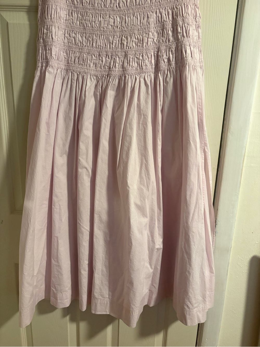 Women's Light Pink Smocked Waist Midi Skirt with matching shirt